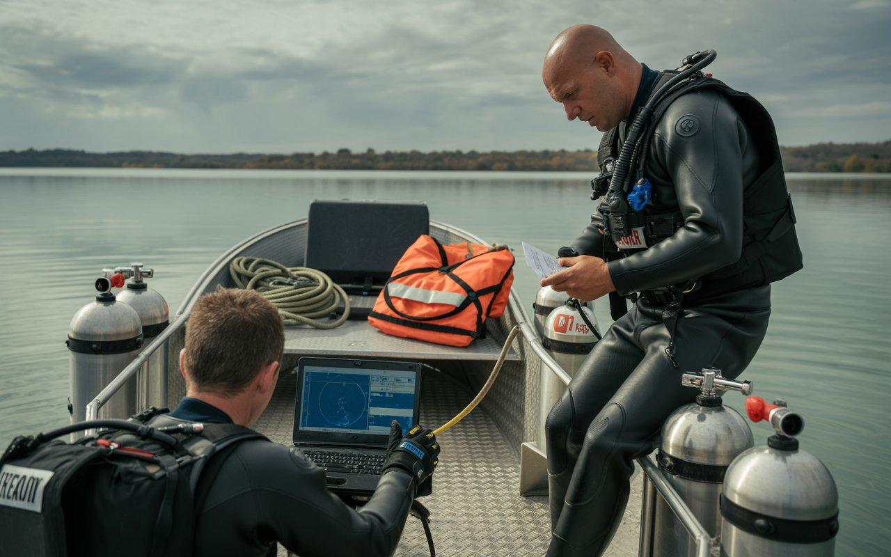 Professional Water Recovery Team with Sonar Equipment